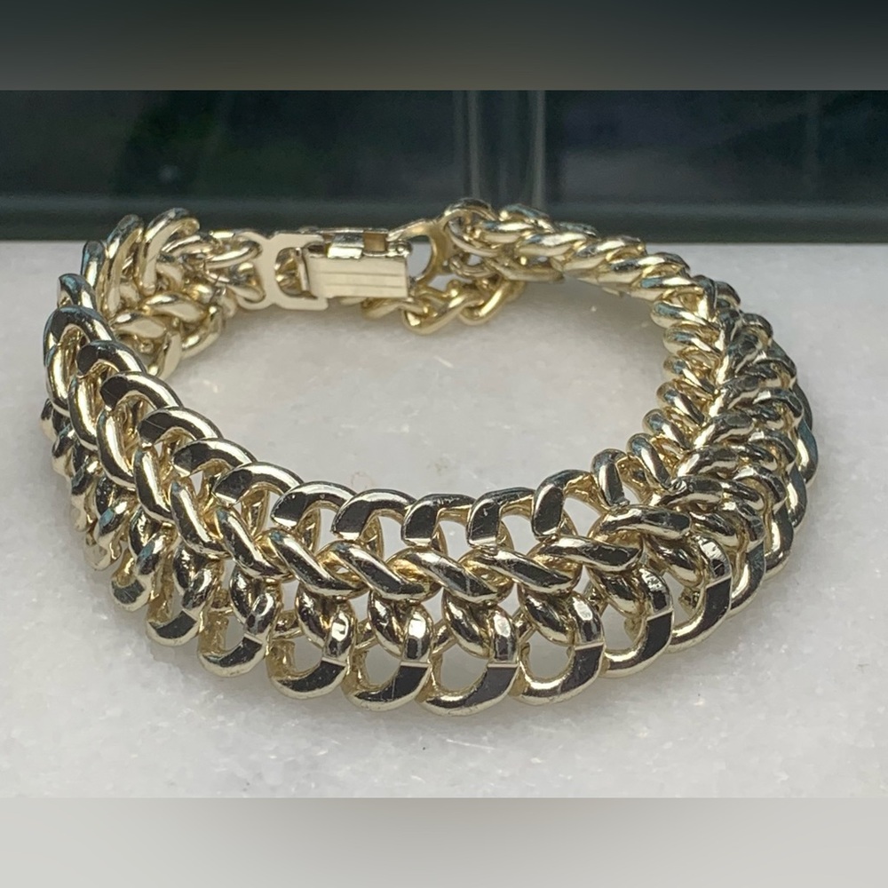 Vintage Gold Tone Double Chain Link Bracelet Chunky 90s Statement 7”